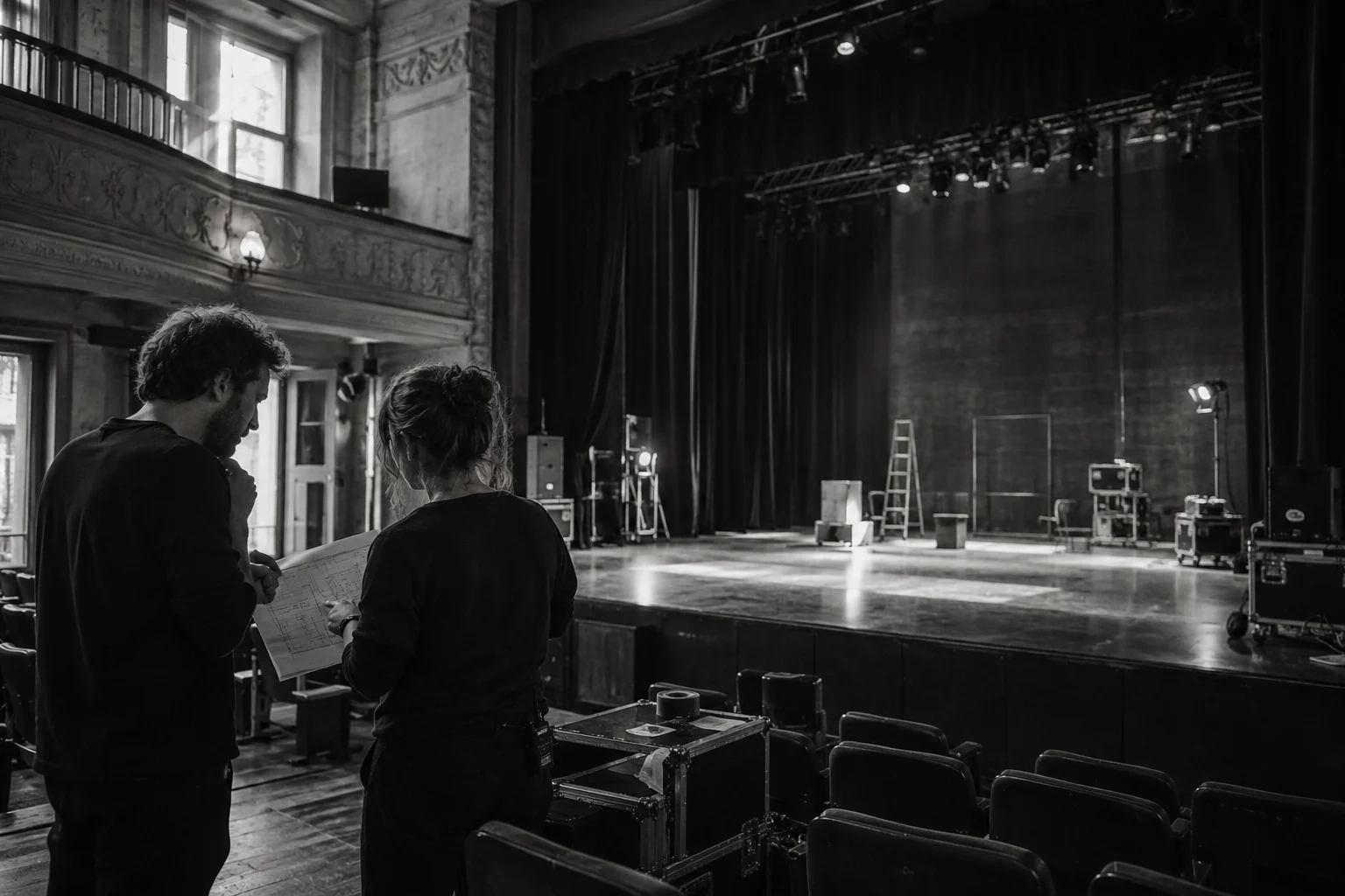 Une équipe prépare un projet sur la scène d’un théâtre